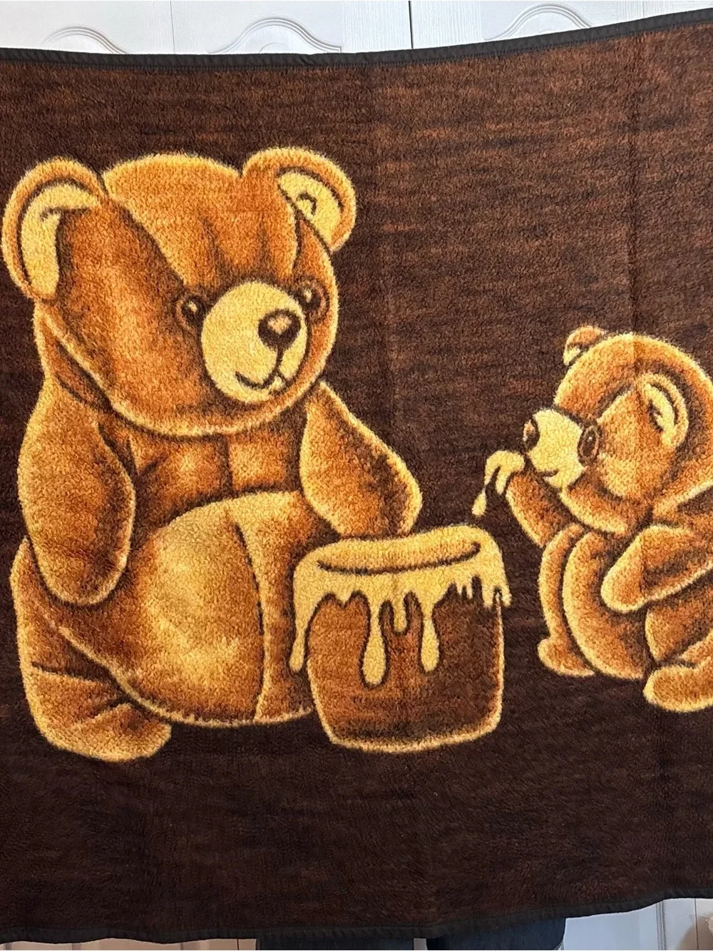 Vintage Biederlack Reversible Blanket Teddy Bear with Honey Pot Throw USA